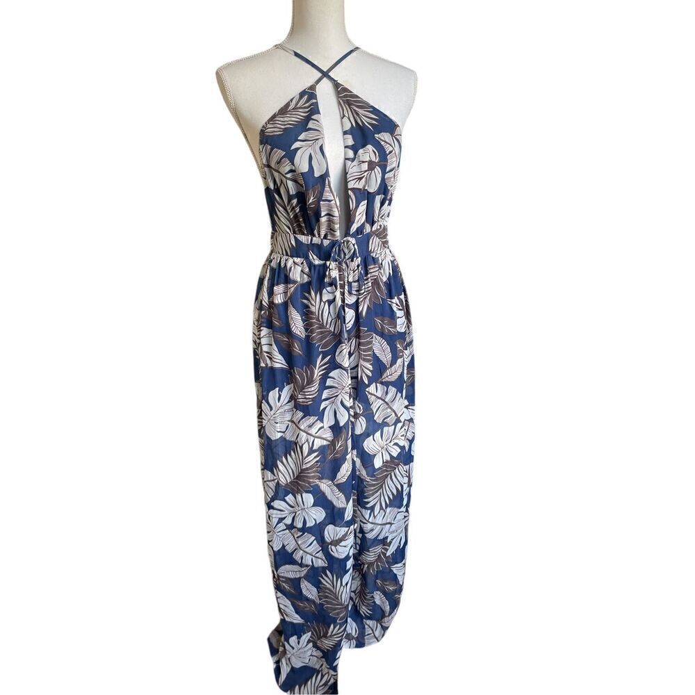 NWT Fashion Nova Floral wide leg v neck backless jumpsuit Navy Brown M vacation